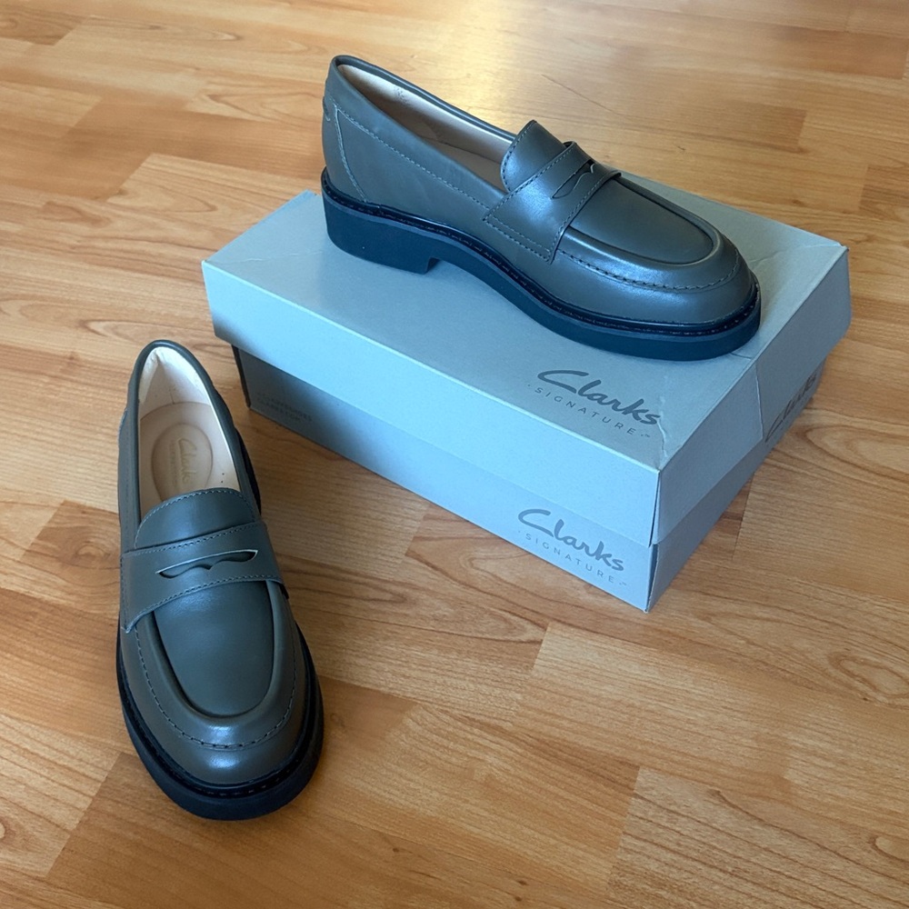 Clarks Splend Edge Penny Loafer in Dark Olive, with Box